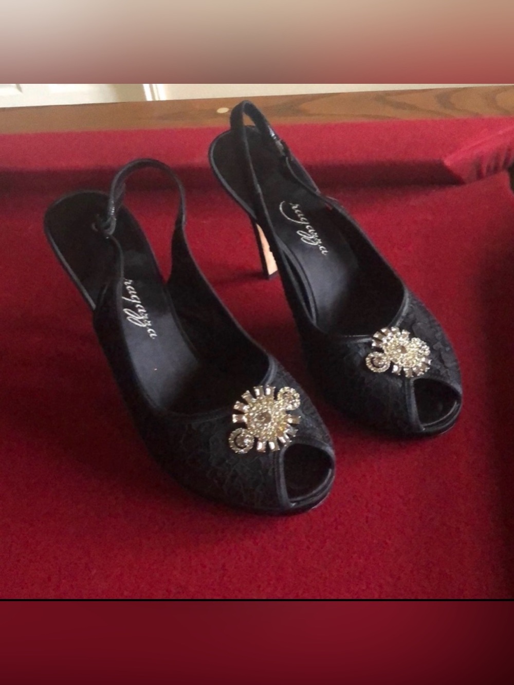 PEEP TOE HEELS SLINGBACK PUMPS BLACK SIZE 7.5 FESTIVE RHINESTONE LACE